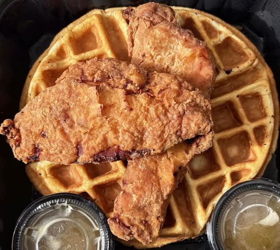 Mari Vees fried chicken served over a golden waffle