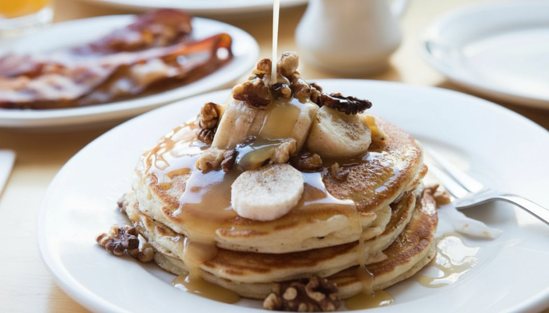 A stack of Mari Vees pancakes topped with bananas, nuts and warm syrup